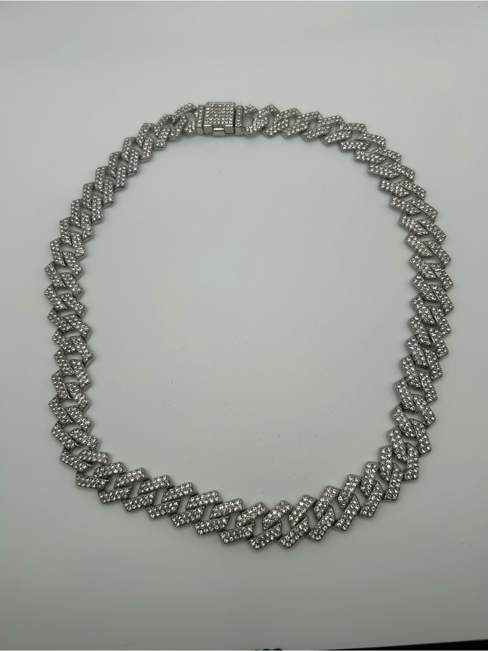 Silver Iced Out Prong Cuban Link Choker Chain Heavy Rhinestone Pave Necklace